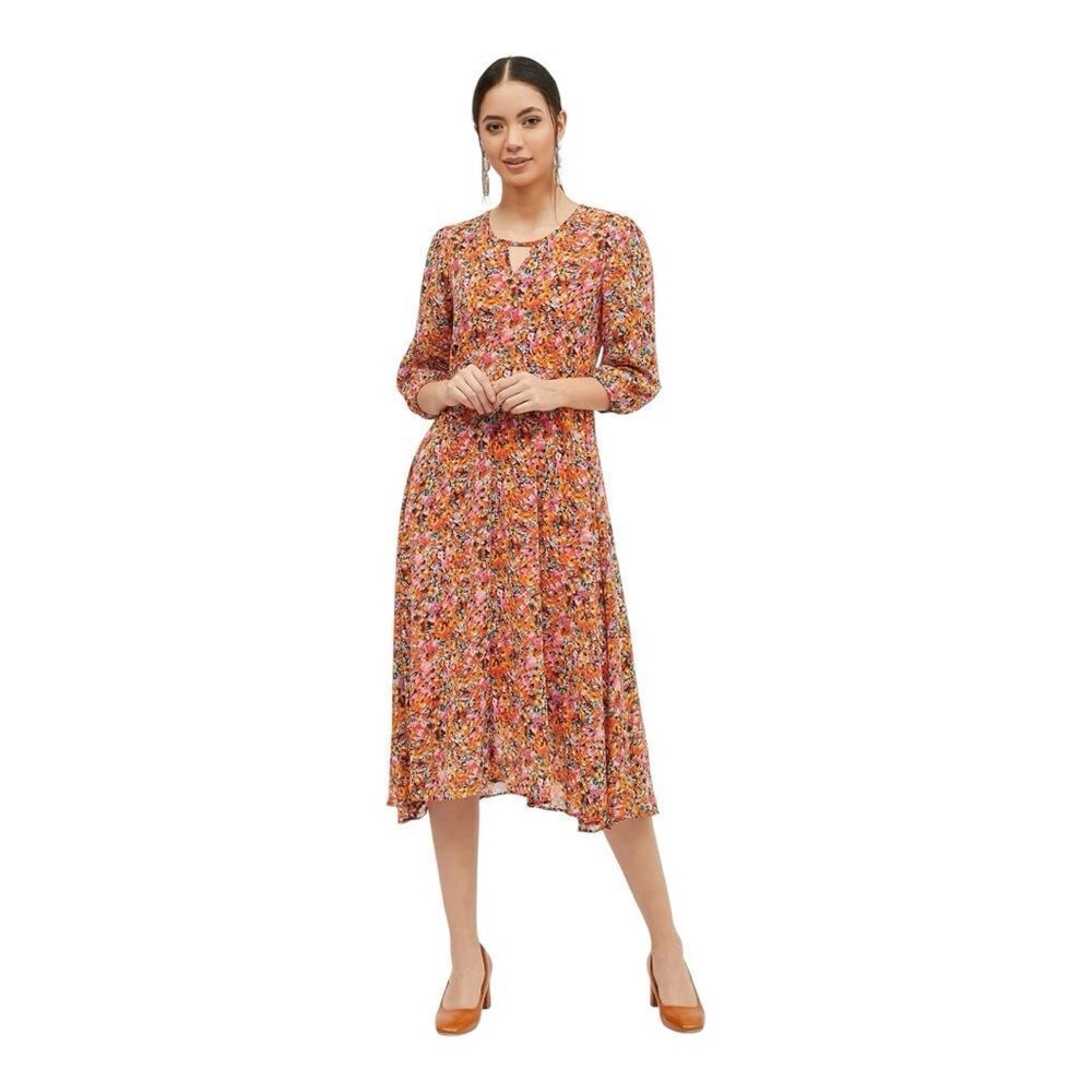 Harpa Womens Multicolor Keyhole‎ Neck 3/4 Sleeve A Line Floral Dress Size Large